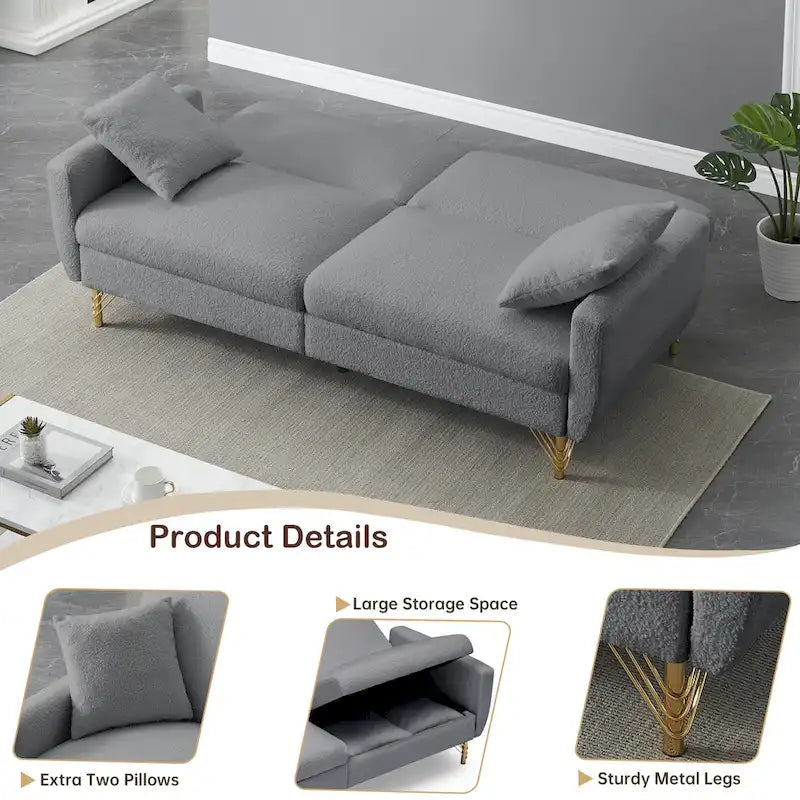 74-Inch Convertible Sofa Bed with Adjustable Backrest and Storage