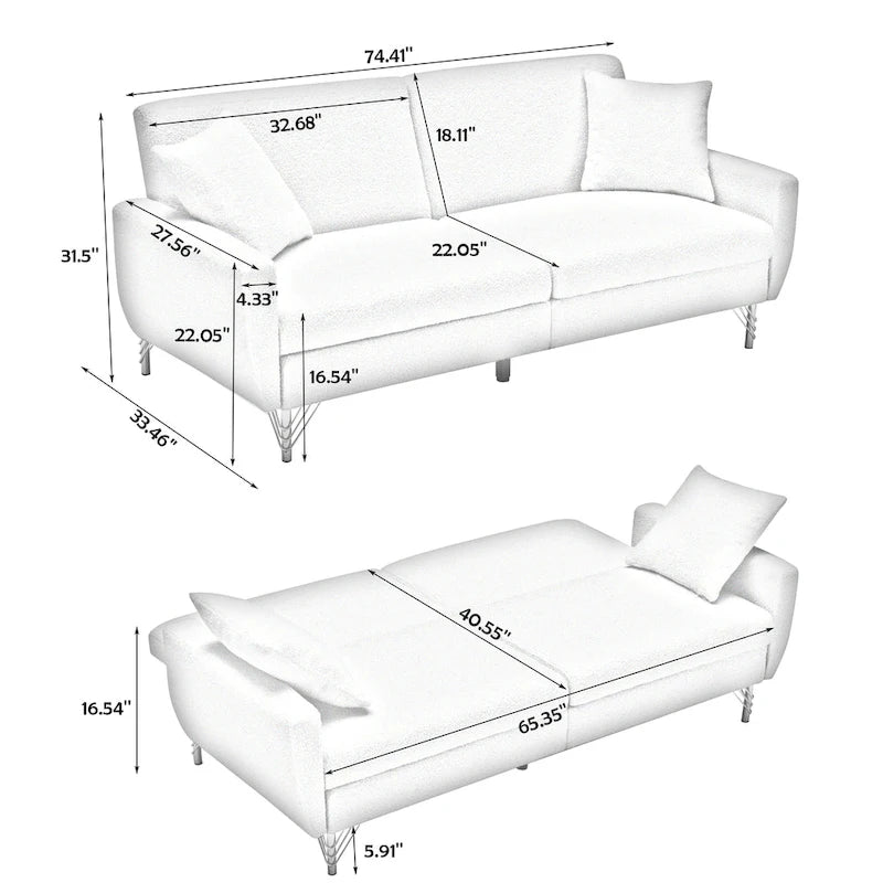 74-Inch Convertible Sofa Bed with Adjustable Backrest and Storage