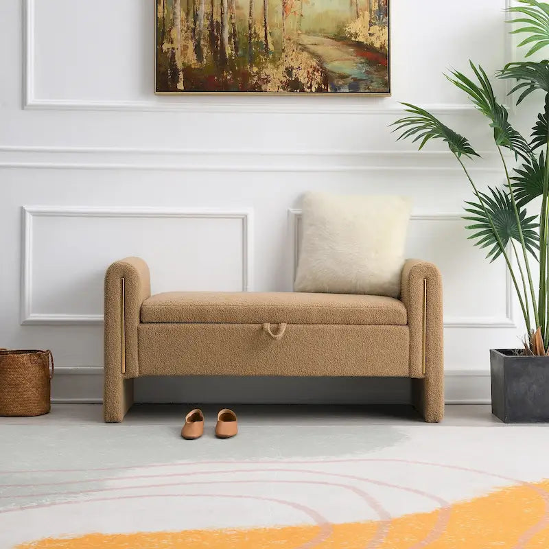Upholstered Storage Bench with Arms, Large Foot Rest Stool for Bedroom & Living Room