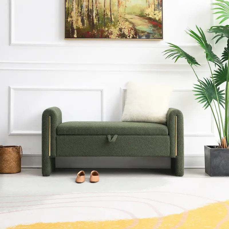 Upholstered Storage Bench with Arms, Large Foot Rest Stool for Bedroom & Living Room