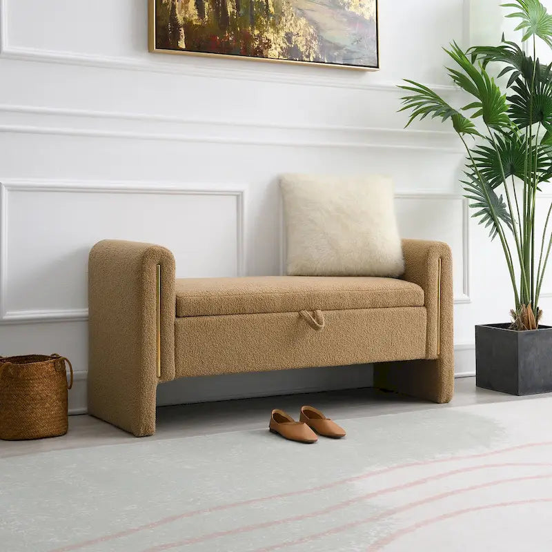 Upholstered Storage Bench with Arms, Large Foot Rest Stool for Bedroom & Living Room