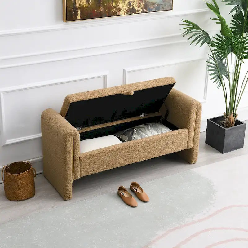 Upholstered Storage Bench with Arms, Large Foot Rest Stool for Bedroom & Living Room