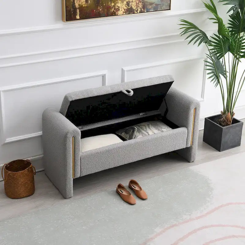 Upholstered Storage Bench with Arms, Large Foot Rest Stool for Bedroom & Living Room