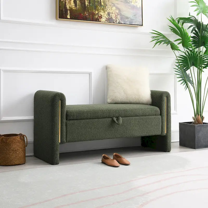 Upholstered Storage Bench with Arms, Large Foot Rest Stool for Bedroom & Living Room
