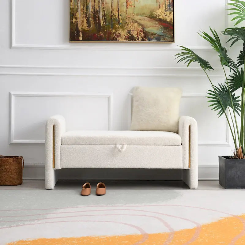 Upholstered Storage Bench with Arms, Large Foot Rest Stool for Bedroom & Living Room