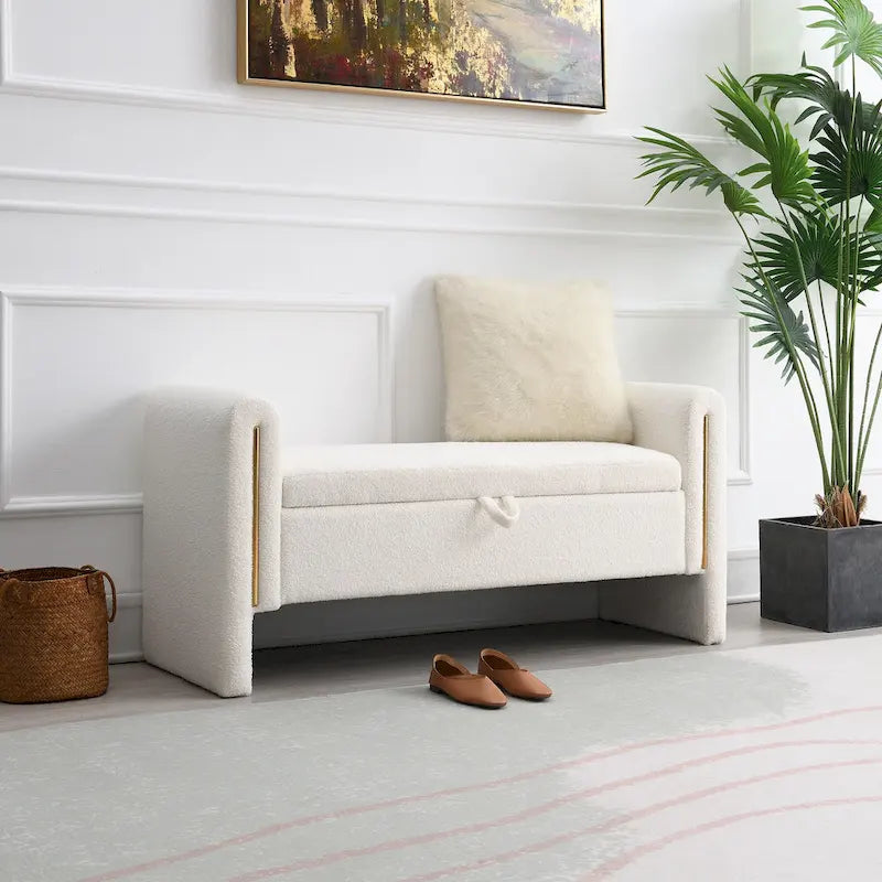 Upholstered Storage Bench with Arms, Large Foot Rest Stool for Bedroom & Living Room