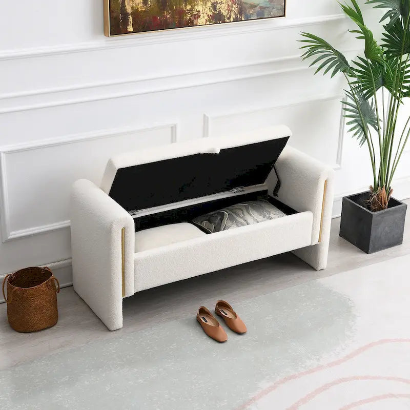 Upholstered Storage Bench with Arms, Large Foot Rest Stool for Bedroom & Living Room