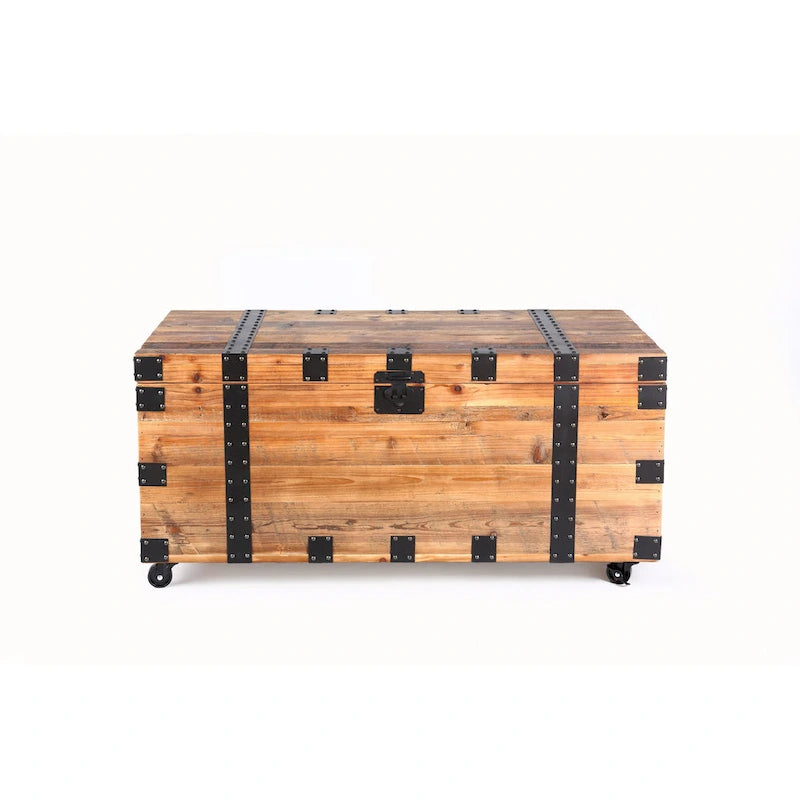 Trunk Table with four wheel Large capacity storage Coffee table, NaturalReclaimed Wood /Black Metal