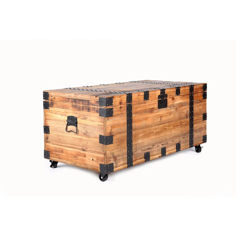 Trunk Table with four wheel Large capacity storage Coffee table, NaturalReclaimed Wood /Black Metal