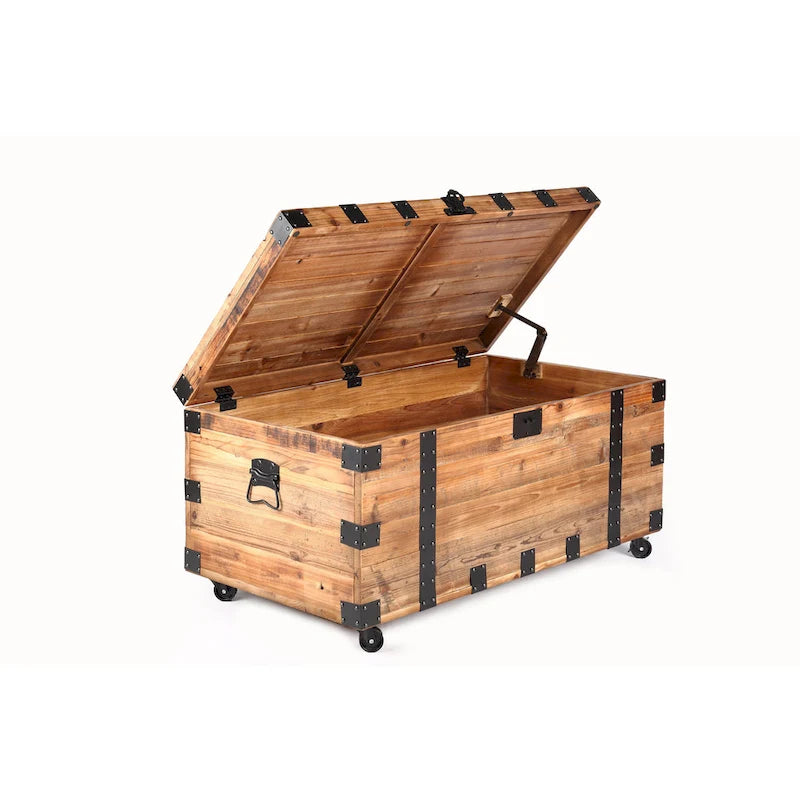 Trunk Table with four wheel Large capacity storage Coffee table, NaturalReclaimed Wood /Black Metal