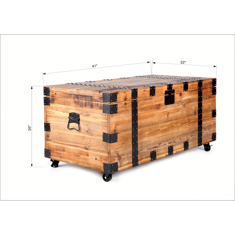Trunk Table with four wheel Large capacity storage Coffee table, NaturalReclaimed Wood /Black Metal