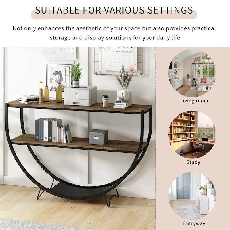 Rustic Demilune Shape Textured Metal Distressed Wood Console Table