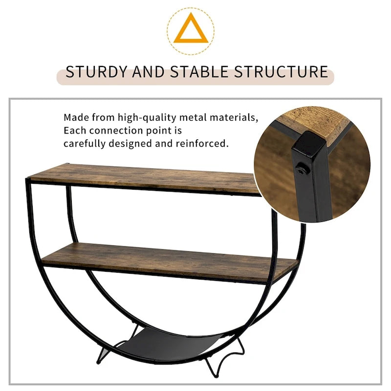 Rustic Demilune Shape Textured Metal Distressed Wood Console Table