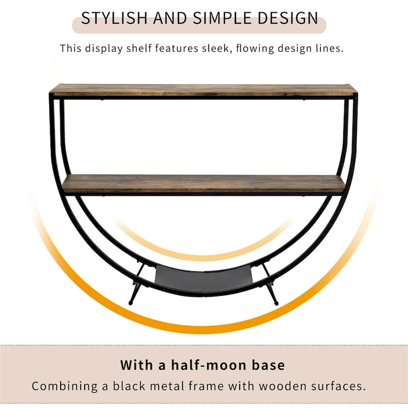 Rustic Demilune Shape Textured Metal Distressed Wood Console Table