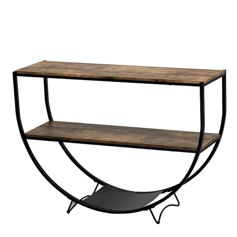 Rustic Demilune Shape Textured Metal Distressed Wood Console Table
