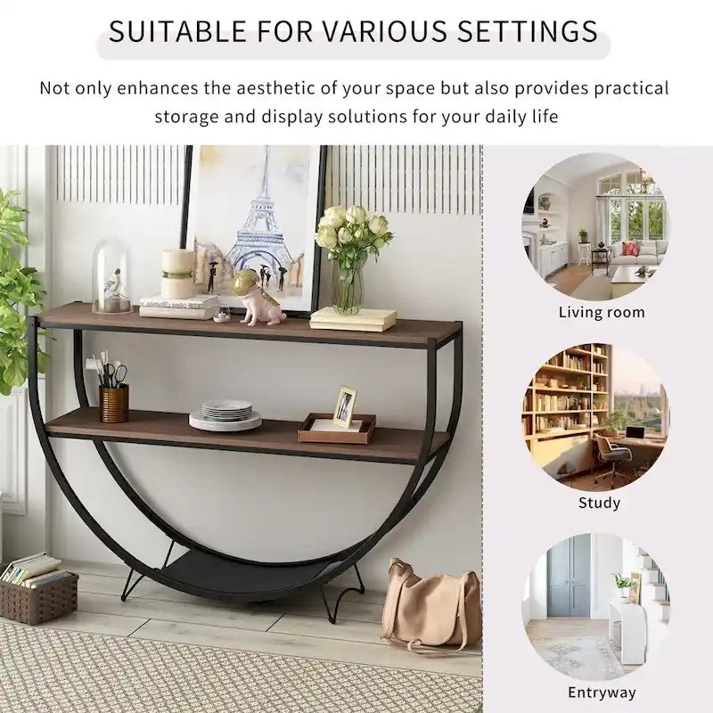 Rustic Demilune Shape Textured Metal Distressed Wood Console Table