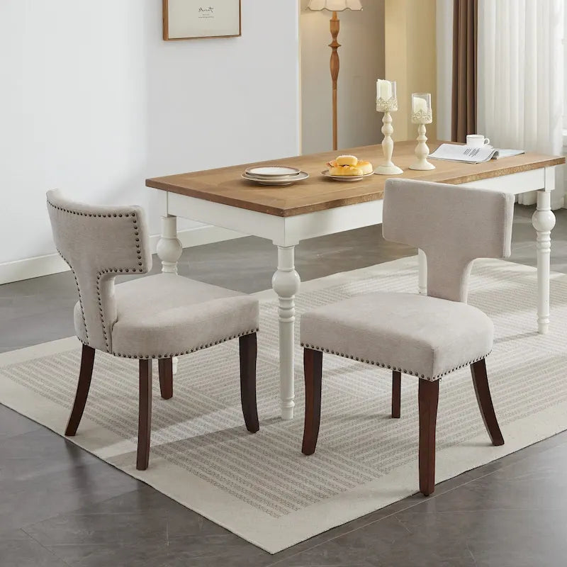 Dining Chairs Set of 2, Linen Fabric Upholstered Accent Chair with Curved Backrest