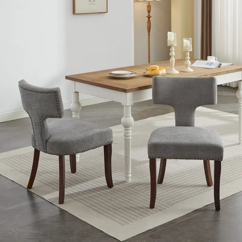 Dining Chairs Set of 2, Linen Fabric Upholstered Accent Chair with Curved Backrest
