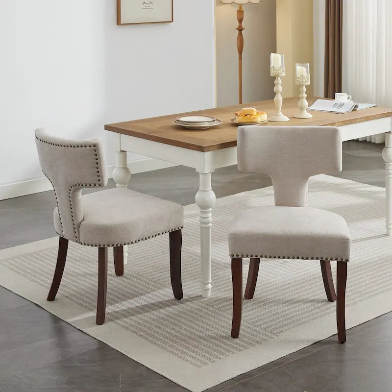 Dining Chairs Set of 2, Linen Fabric Upholstered Accent Chair with Curved Backrest