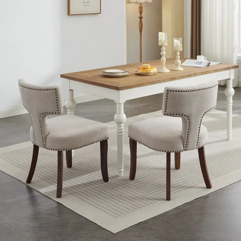 Dining Chairs Set of 2, Linen Fabric Upholstered Accent Chair with Curved Backrest