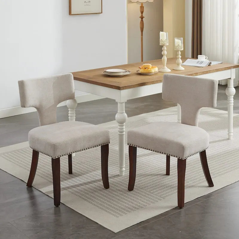 Dining Chairs Set of 2, Linen Fabric Upholstered Accent Chair with Curved Backrest