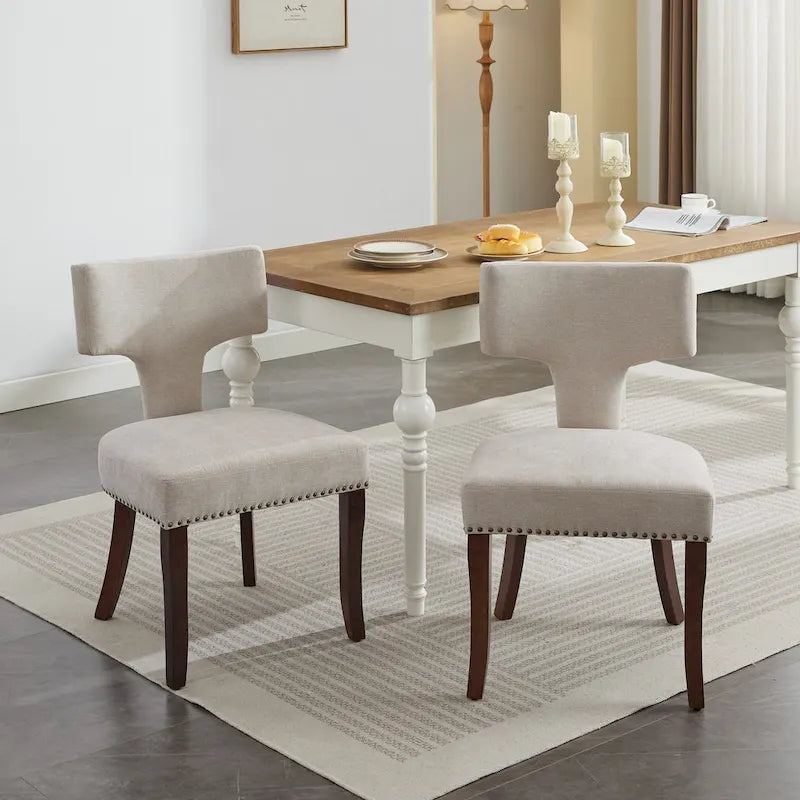 Dining Chairs Set of 2, Linen Fabric Upholstered Accent Chair with Curved Backrest