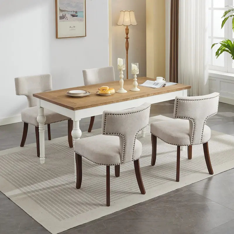 Dining Chairs Set of 2, Linen Fabric Upholstered Accent Chair with Curved Backrest