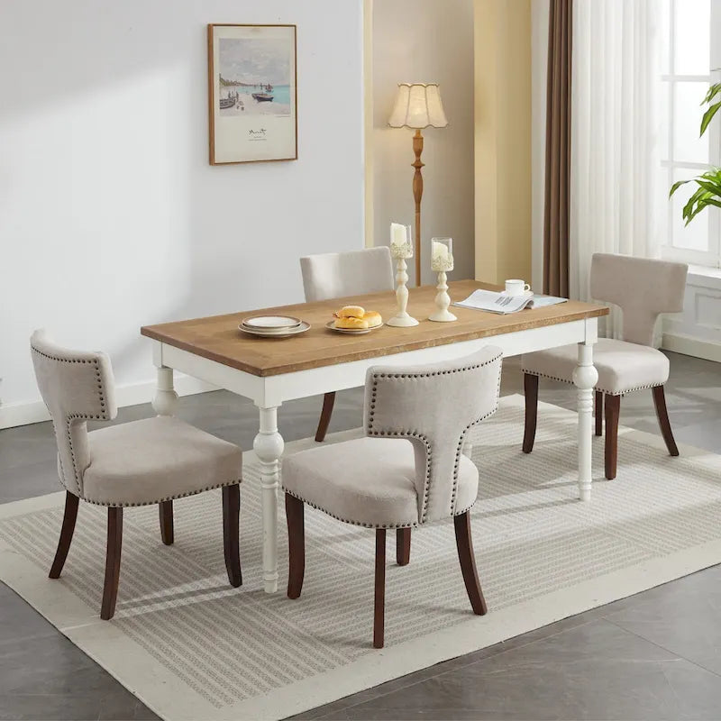 Dining Chairs Set of 2, Linen Fabric Upholstered Accent Chair with Curved Backrest