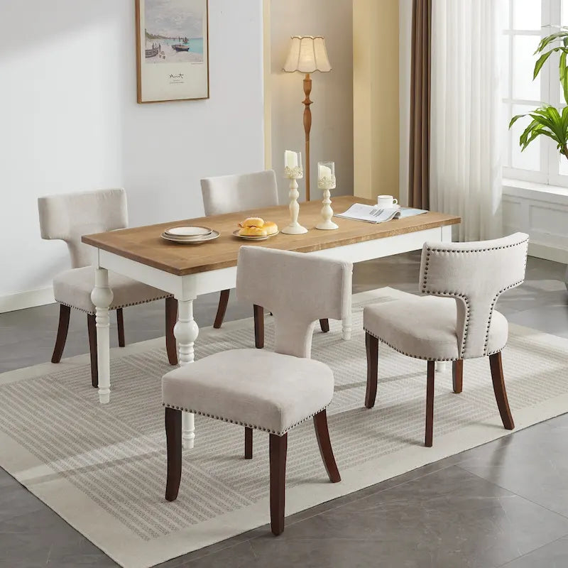 Dining Chairs Set of 2, Linen Fabric Upholstered Accent Chair with Curved Backrest