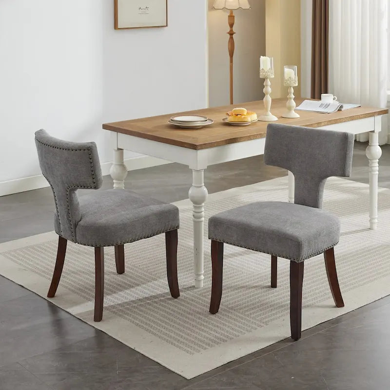 Dining Chairs Set of 2, Linen Fabric Upholstered Accent Chair with Curved Backrest