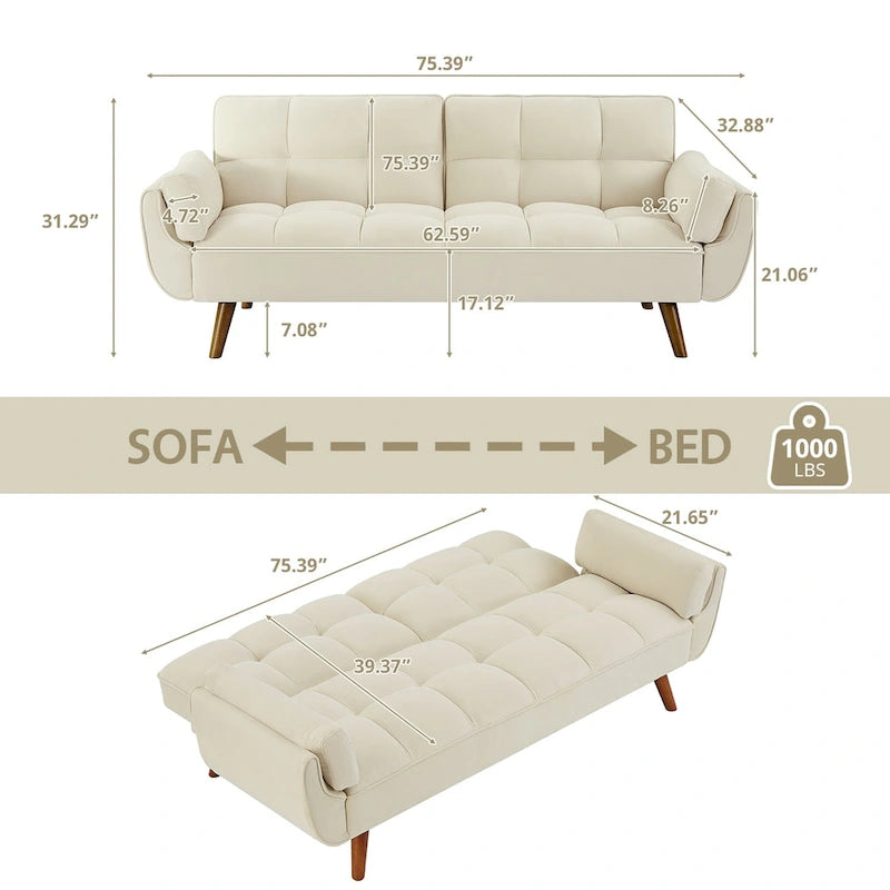 Sofa Bed, Convertible Sleeper Couch with Pillows, Foldable Loveseat Furniture for Living Room