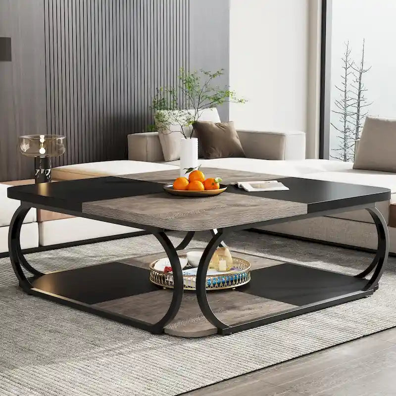 Square 2-Tier Coffee Table with Storage Shelf, 39 inches