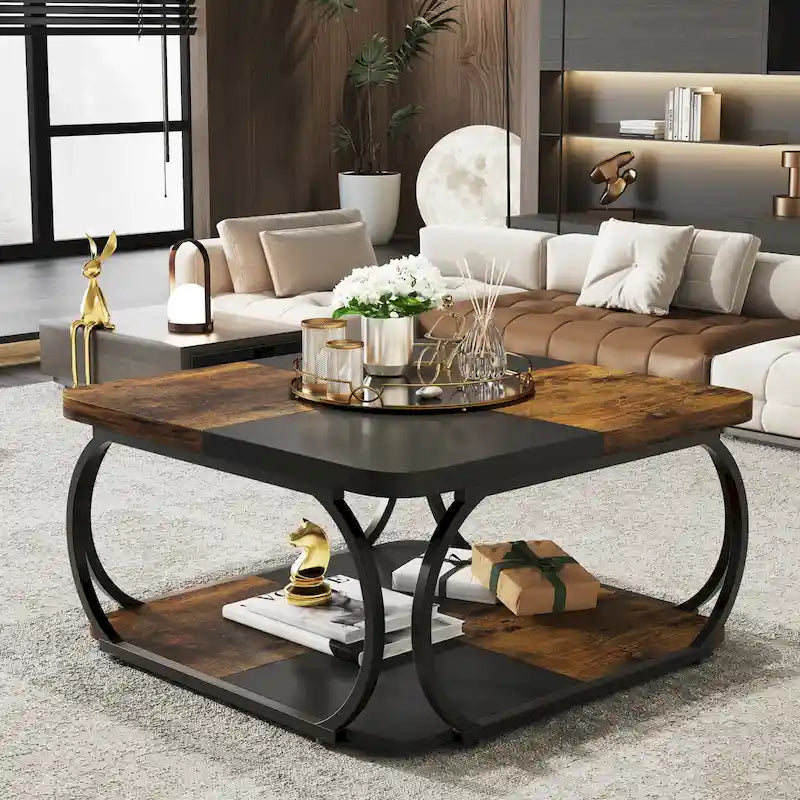 Square 2-Tier Coffee Table with Storage Shelf, 39 inches