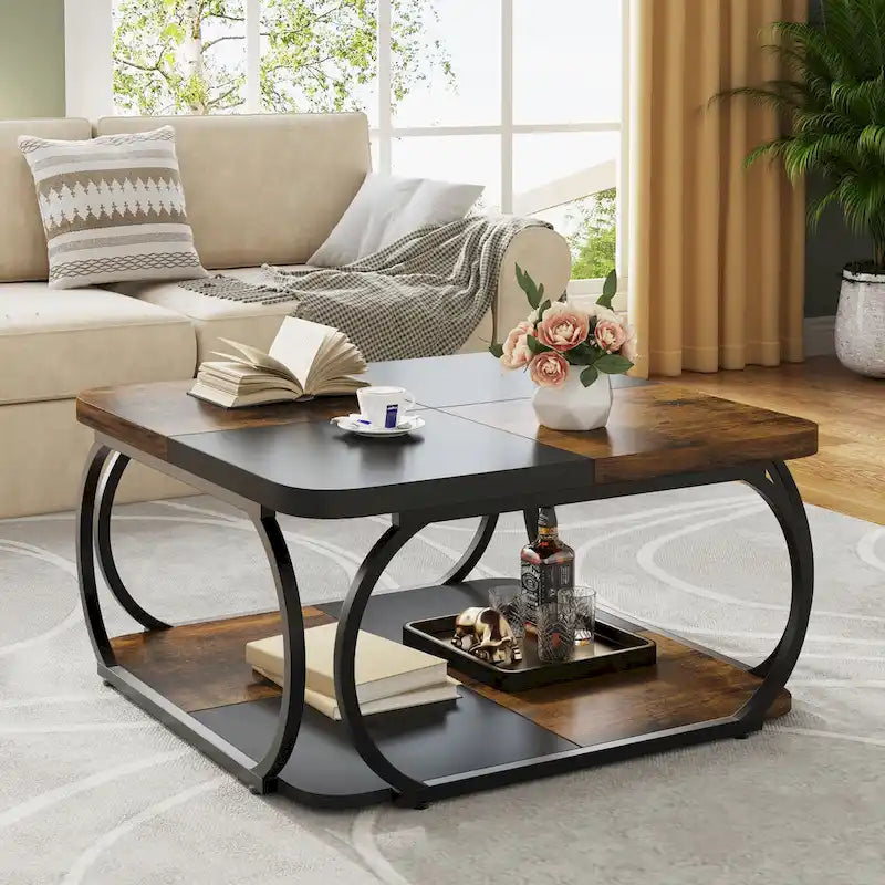 Square 2-Tier Coffee Table with Storage Shelf, 39 inches