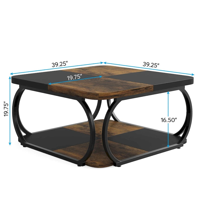 Square 2-Tier Coffee Table with Storage Shelf, 39 inches