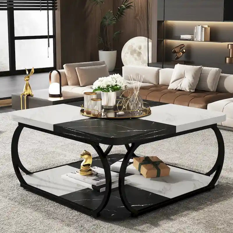 Square 2-Tier Coffee Table with Storage Shelf, 39 inches