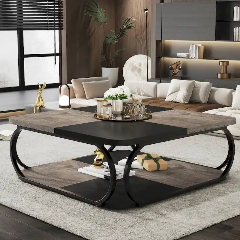 Square 2-Tier Coffee Table with Storage Shelf, 39 inches