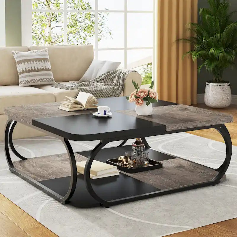 Square 2-Tier Coffee Table with Storage Shelf, 39 inches