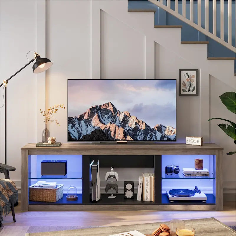 70-Inch LED TV Stand with Tempered Glass Shelves and Open Cabinet - 71 in