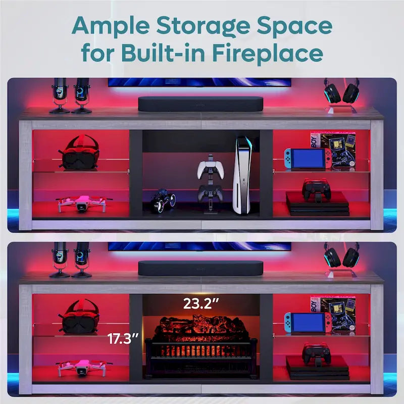 70-Inch LED TV Stand with Tempered Glass Shelves and Open Cabinet - 71 in