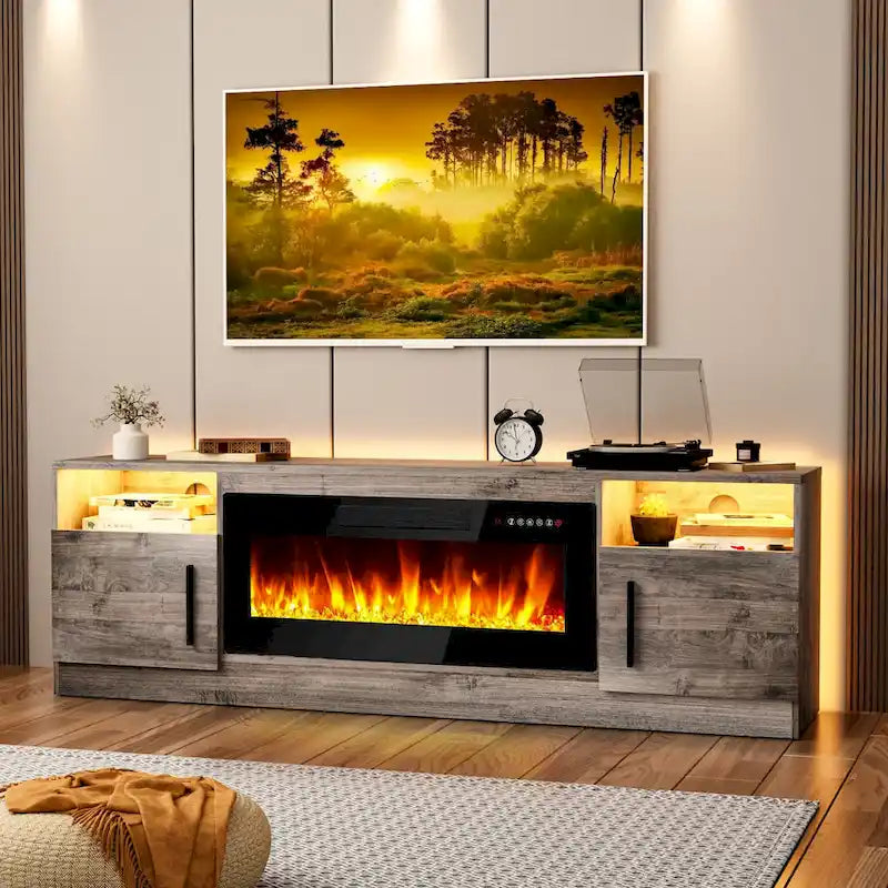70" Fireplace TV Stand with 36" Electric Fireplace, 16-Color LED Lights & Entertainment Center