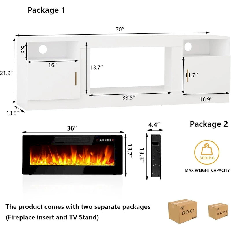 70" Fireplace TV Stand with 36" Electric Fireplace, 16-Color LED Lights & Entertainment Center