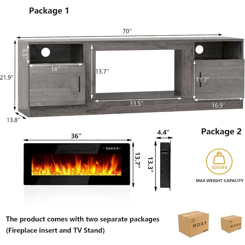 70" Fireplace TV Stand with 36" Electric Fireplace, 16-Color LED Lights & Entertainment Center