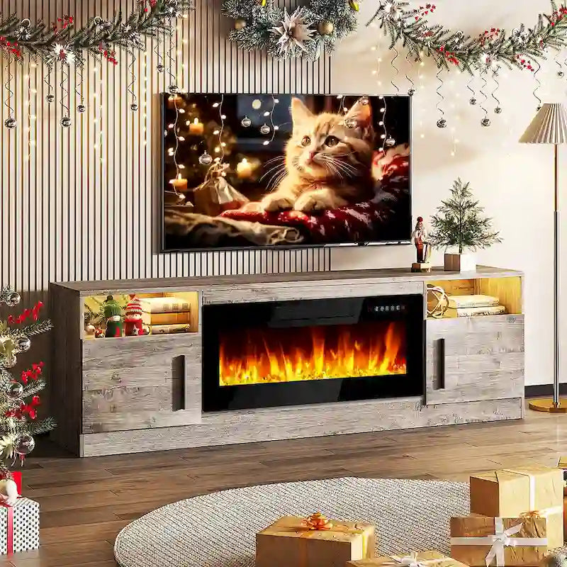 70" Fireplace TV Stand with 36" Electric Fireplace, 16-Color LED Lights & Entertainment Center