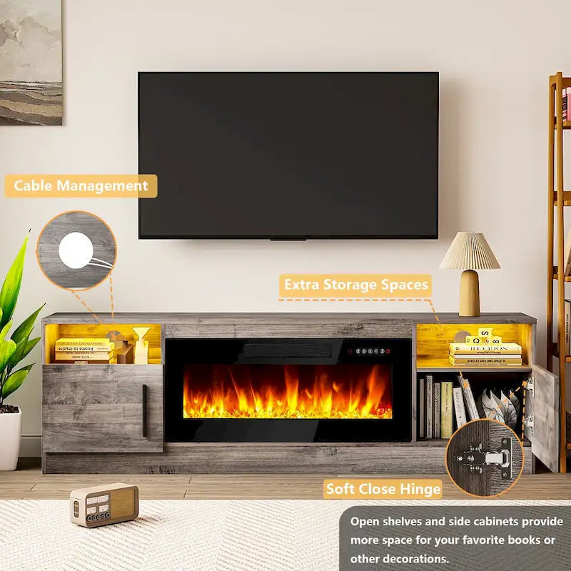 70" Fireplace TV Stand with 36" Electric Fireplace, 16-Color LED Lights & Entertainment Center