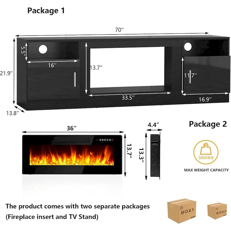 70" Fireplace TV Stand with 36" Electric Fireplace, 16-Color LED Lights & Entertainment Center