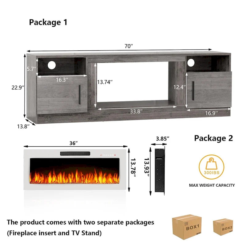 70" Fireplace TV Stand with 36" Electric Fireplace, 16-Color LED Lights & Entertainment Center