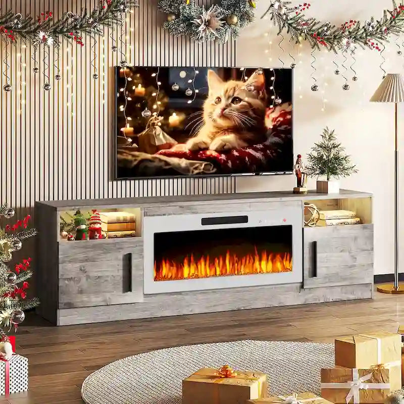 70" Fireplace TV Stand with 36" Electric Fireplace, 16-Color LED Lights & Entertainment Center