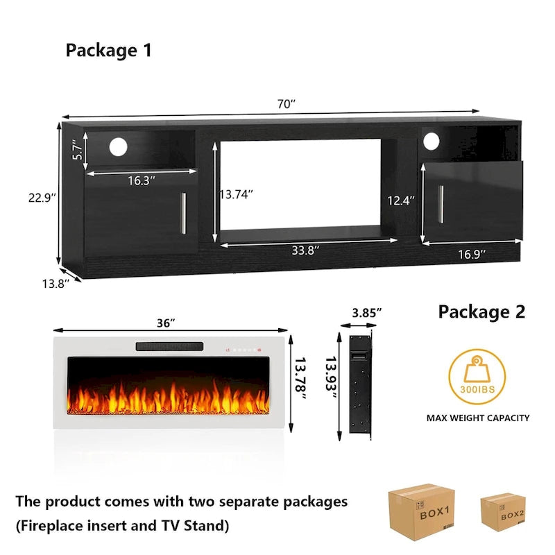 70" Fireplace TV Stand with 36" Electric Fireplace, 16-Color LED Lights & Entertainment Center