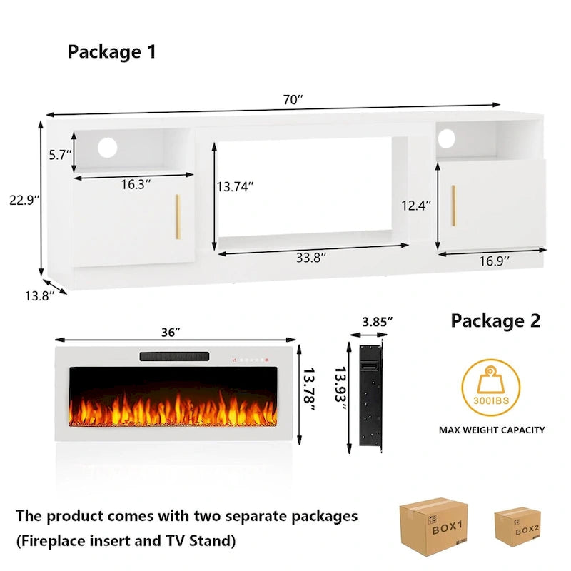 70" Fireplace TV Stand with 36" Electric Fireplace, 16-Color LED Lights & Entertainment Center